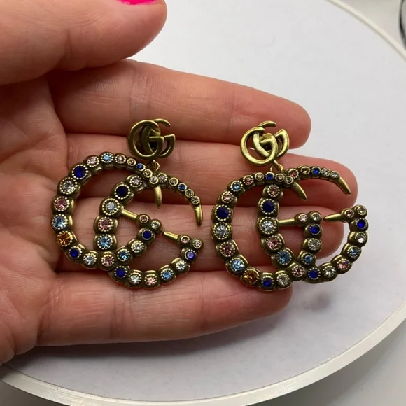 Gold GG Marmont Colorful Crystals Dangle Earrings - Picture 8 of 9